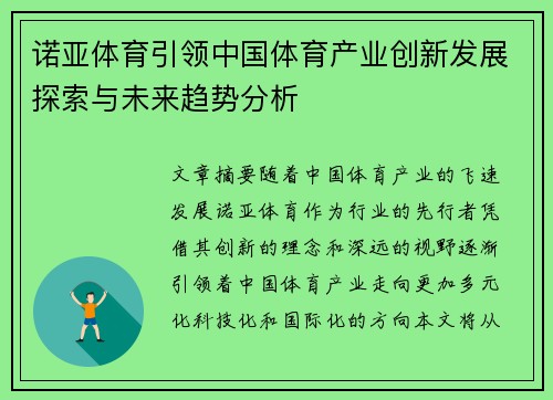 诺亚体育引领中国体育产业创新发展探索与未来趋势分析